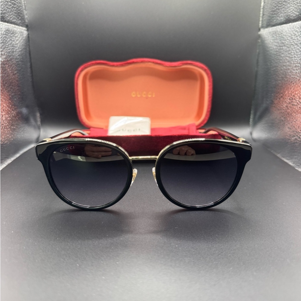 New Gucci GG1027SK 006 Sunglasses Black/Gold/Grey Smoke Gradient Lenses 56mm - Picture 1 of 16